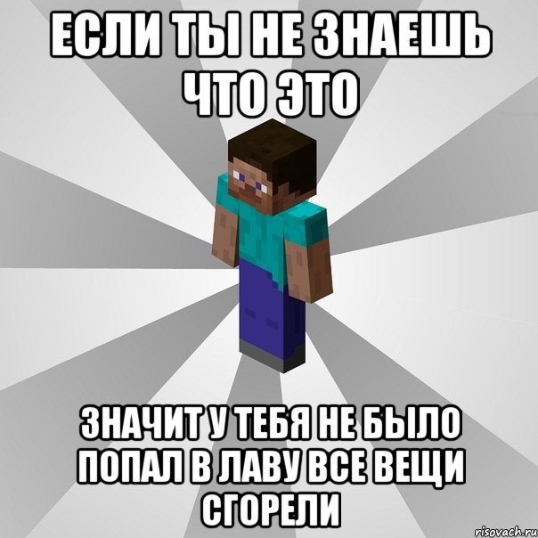 если ты не знаешь что это значит у тебя не было попал в лаву все вещи сгорели, Мем Типичный игрок Minecraft