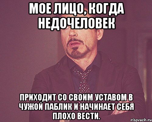 мое лицо, когда недочеловек приходит со своим уставом в чужой паблик и начинает себя плохо вести., Мем твое выражение лица