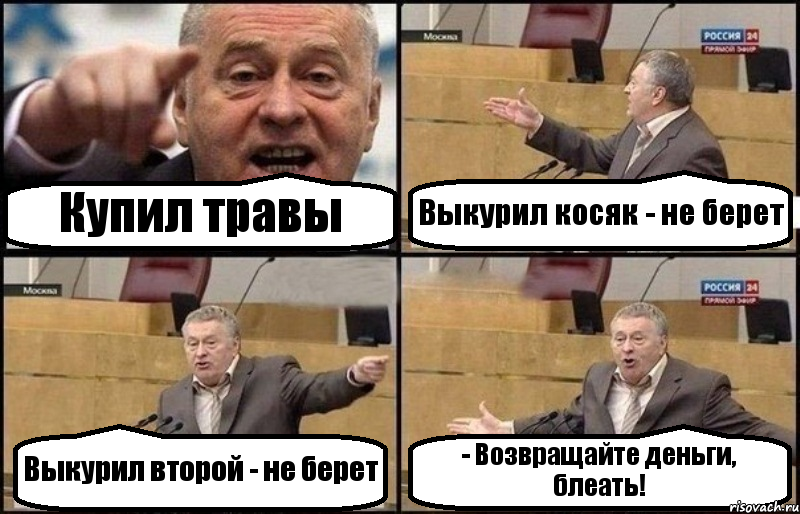 Купил травы Выкурил косяк - не берет Выкурил второй - не берет - Возвращайте деньги, блеать!, Комикс Жириновский