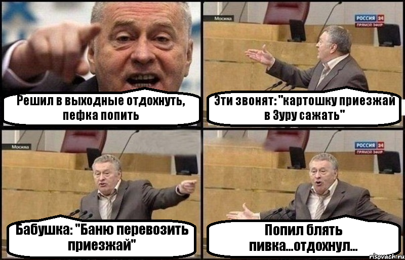 Решил в выходные отдохнуть, пефка попить Эти звонят: "картошку приезжай в Зуру сажать" Бабушка: "Баню перевозить приезжай" Попил блять пивка...отдохнул..., Комикс Жириновский