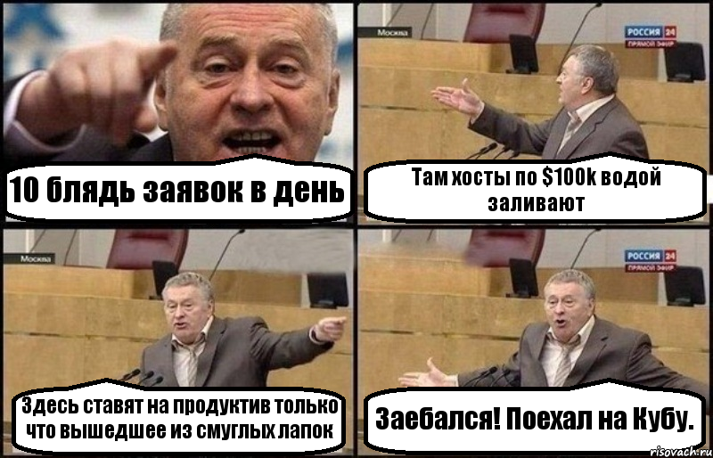 10 блядь заявок в день Там хосты по $100k водой заливают Здесь ставят на продуктив только что вышедшее из смуглых лапок Заебался! Поехал на Кубу., Комикс Жириновский