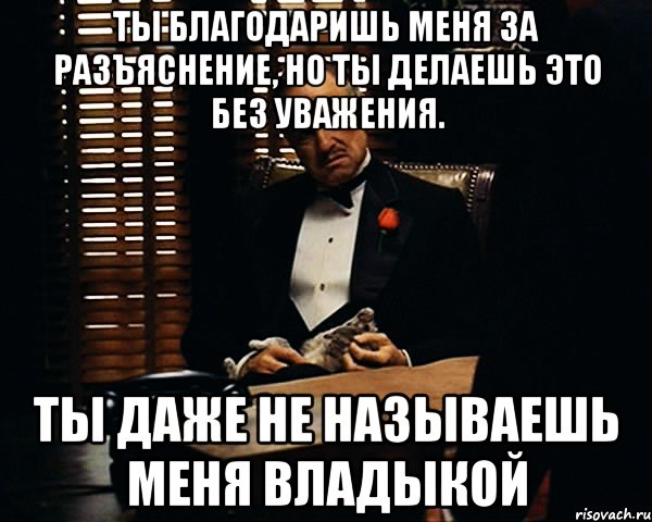 Даже не назовешь. Без должного уважения. Ты благодаришь меня но делаешь это без уважения. Дон Корлеоне не обижайся на меня. Ты обиделся на меня.