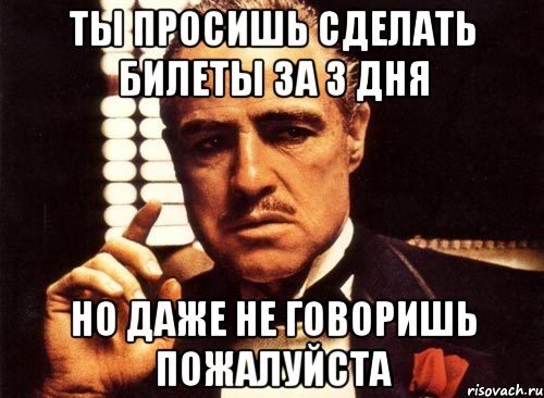 ты просишь сделать билеты за 3 дня но даже не говоришь пожалуйста, Мем крестный отец