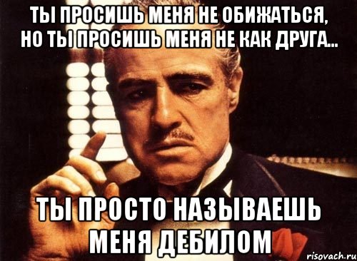 ты просишь меня не обижаться, но ты просишь меня не как друга... ты просто называешь меня дебилом, Мем крестный отец