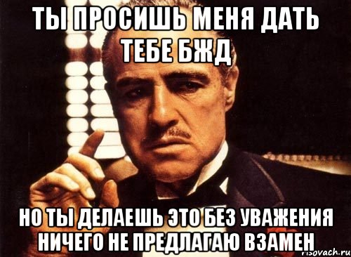 ты просишь меня дать тебе бжд но ты делаешь это без уважения ничего не предлагаю взамен, Мем крестный отец