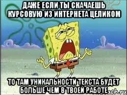 даже если ты скачаешь курсовую из интернета целиком то там уникальности текста будет больше чем в твоей работе, Мем Спанч Боб плачет