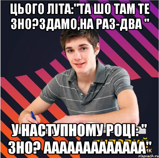 цього літа:"та шо там те зно?здамо,на раз-два " у наступному році: " зно? ааааааааааааа", Мем Типовий одинадцятикласник