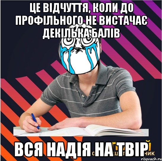 це відчуття, коли до профільного не вистачає декілька балів вся надія на твір, Мем Типовий одинадцятикласник