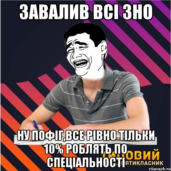 завалив всі зно ну пофіг,все рівно тільки 10% роблять по спеціальності