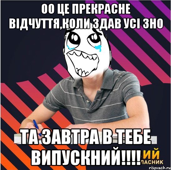 оо це прекрасне відчуття,коли здав усі зно та завтра в тебе випускний!!!, Мем Типовий одинадцятикласник