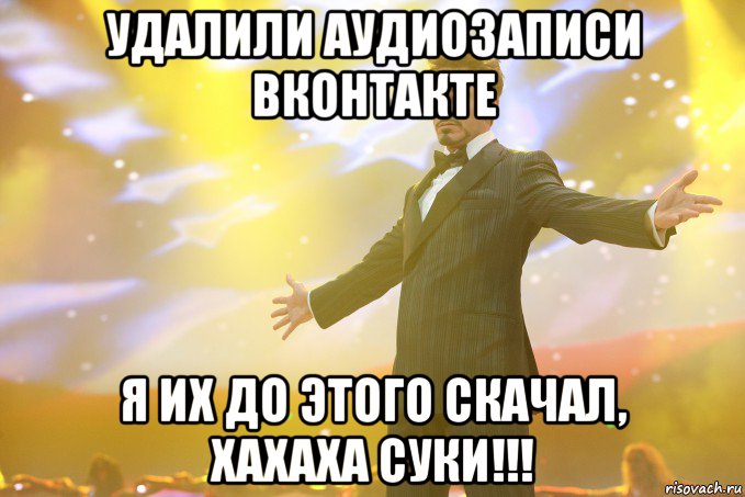 удалили аудиозаписи вконтакте я их до этого скачал, хахаха суки!!!, Мем Тони Старк (Роберт Дауни младший)