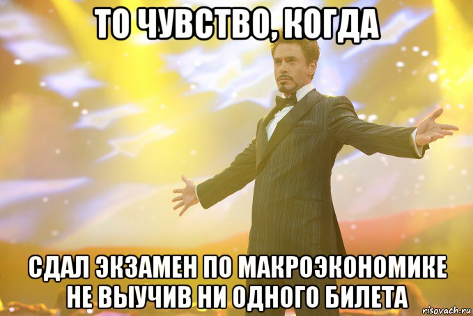 то чувство, когда сдал экзамен по макроэкономике не выучив ни одного билета, Мем Тони Старк (Роберт Дауни младший)