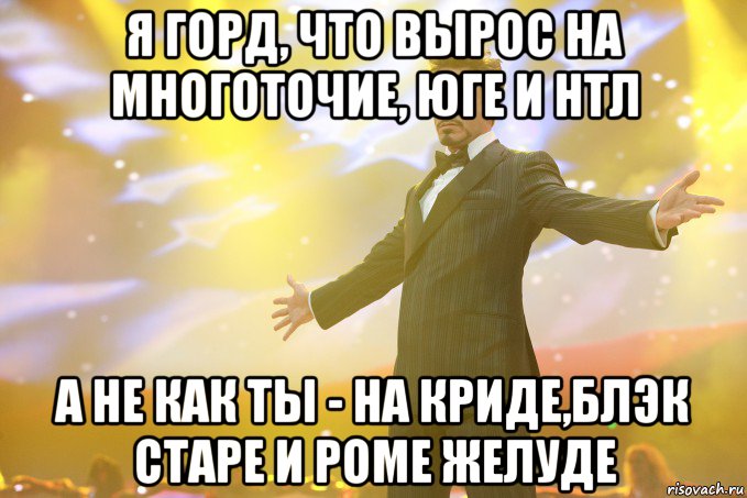 я горд, что вырос на многоточие, юге и нтл а не как ты - на криде,блэк старе и роме желуде, Мем Тони Старк (Роберт Дауни младший)