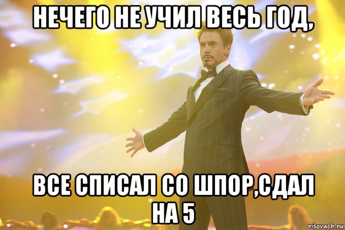 нечего не учил весь год, все списал со шпор,сдал на 5, Мем Тони Старк (Роберт Дауни младший)