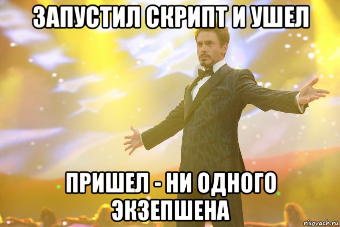 запустил скрипт и ушел пришел - ни одного экзепшена, Мем Тони Старк (Роберт Дауни младший)