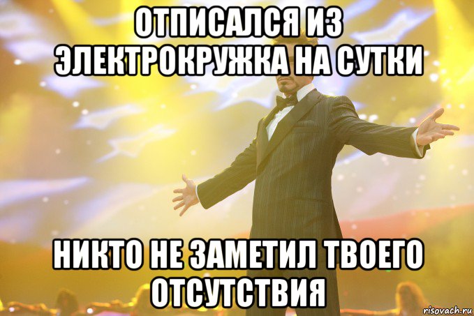 отписался из электрокружка на сутки никто не заметил твоего отсутствия, Мем Тони Старк (Роберт Дауни младший)