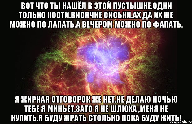 вот что ты нашёл в этой пустышке.одни только кости.висячие сиськи.ах да их же можно по лапать.а вечером можно по фапать. я жирная отговорок же нет.не делаю ночью тебе я миньет.зато я не шлюха ,меня не купить.я буду жрать столько пока буду жить!, Мем Туманность