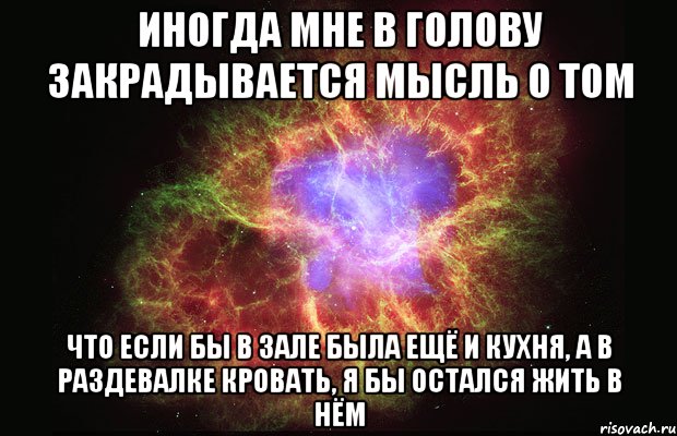 иногда мне в голову закрадывается мысль о том что если бы в зале была ещё и кухня, а в раздевалке кровать, я бы остался жить в нём, Мем Туманность