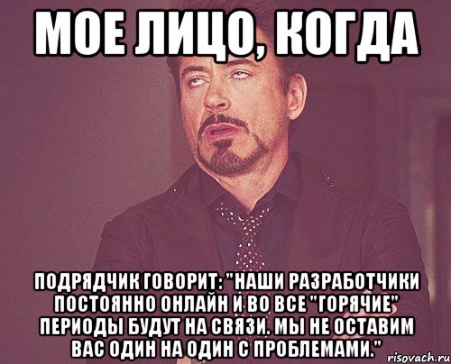 мое лицо, когда подрядчик говорит: "наши разработчики постоянно онлайн и во все "горячие" периоды будут на связи. мы не оставим вас один на один с проблемами.", Мем твое выражение лица