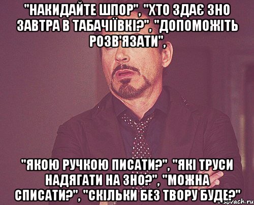 "накидайте шпор", "хто здає зно завтра в табачіївкі?", "допоможіть розв'язати", "якою ручкою писати?", "які труси надягати на зно?", "можна списати?", "скільки без твору буде?", Мем твое выражение лица