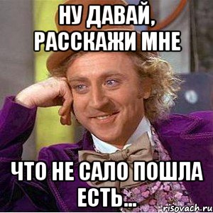 ну давай, расскажи мне что не сало пошла есть..., Мем Ну давай расскажи (Вилли Вонка)