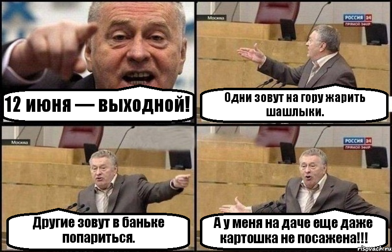 12 июня — выходной! Одни зовут на гору жарить шашлыки. Другие зовут в баньке попариться. А у меня на даче еще даже картошка не посажена!!!, Комикс Жириновский