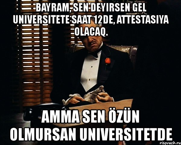 bayram, sen deyirsen gel universitete saat 12de, attestasiya olacaq. amma sen özün olmursan universitetde, Мем Дон Вито Корлеоне