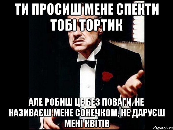 ти просиш мене спекти тобі тортик але робиш це без поваги, не називаєш мене сонечком, не даруєш мені квітів, Мем ты делаешь это без уважения