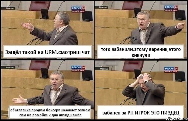 Защёл такой на URM.смотриш чат того забанили,этому вареник,этого кикнули обьявление:продам боксера шмоняет говном сам на помойке 2 дня назад нашёл забанен за РП ИГРОК ЭТО ПИЗДЕЦ, Комикс Жирик в шоке хватается за голову