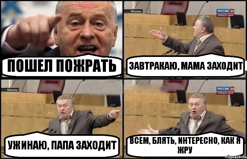 ПОШЕЛ ПОЖРАТЬ ЗАВТРАКАЮ, МАМА ЗАХОДИТ УЖИНАЮ, ПАПА ЗАХОДИТ ВСЕМ, БЛЯТЬ, ИНТЕРЕСНО, КАК Я ЖРУ, Комикс Жириновский