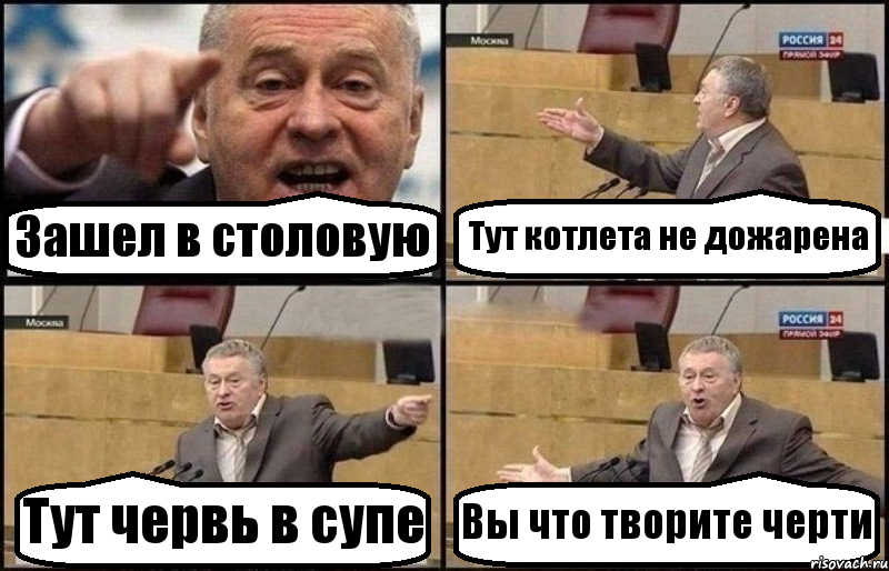 Зашел в столовую Тут котлета не дожарена Тут червь в супе Вы что творите черти, Комикс Жириновский