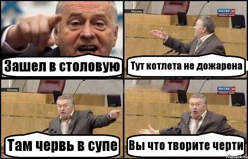 Зашел в столовую Тут котлета не дожарена Там червь в супе Вы что творите черти, Комикс Жириновский