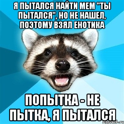 я пытался найти мем "ты пытался", но не нашел, поэтому взял енотика попытка - не пытка, я пытался, Мем Енот-Каламбурист