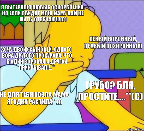 я вытерплю любые оскорбления, но если обидят мою маму вам не жить, отвечаю!!!(c) левый коронный, правый похоронный! хочу двоих сыновей..одного вора другого прокурора, что б один воровал а другой прикрывал!!..** Грубо? бля, простите....**(с) не для тебя козла мама ягодку растила**))) , Комикс   Гомер фэйспалм