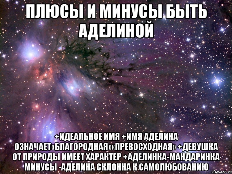 плюсы и минусы быть аделиной +идеальное имя +имя аделина означает«благородная»«превосходная» +девушка от природы имеет характер +аделинка-мандаринка минусы -аделина склонна к самолюбованию