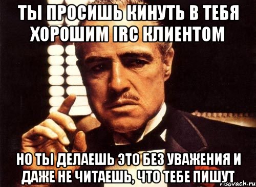 ты просишь кинуть в тебя хорошим irc клиентом но ты делаешь это без уважения и даже не читаешь, что тебе пишут, Мем крестный отец