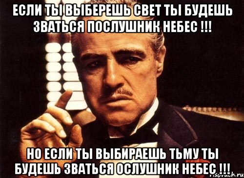 если ты выберешь свет ты будешь зваться послушник небес !!! но если ты выбираешь тьму ты будешь зваться ослушник небес !!!, Мем крестный отец