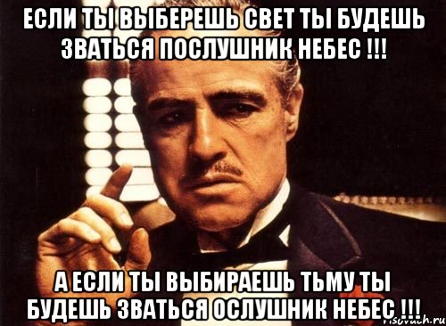 если ты выберешь свет ты будешь зваться послушник небес !!! а если ты выбираешь тьму ты будешь зваться ослушник небес !!!, Мем крестный отец