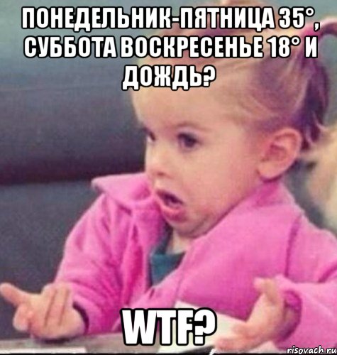 понедельник-пятница 35°, суббота воскресенье 18° и дождь? wtf?, Мем   Девочка возмущается