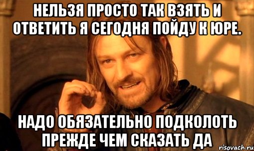 нельзя просто так взять и ответить я сегодня пойду к юре. надо обязательно подколоть прежде чем сказать да, Мем Нельзя просто так взять и (Боромир мем)