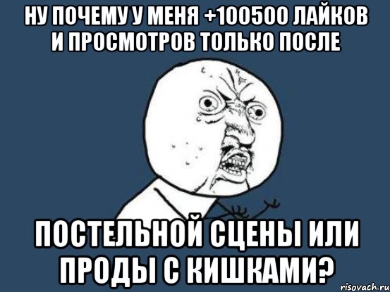 ну почему у меня +100500 лайков и просмотров только после постельной сцены или проды с кишками?, Мем Ну почему