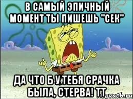 в самый эпичный момент ты пишешь "сек" да что б у тебя срачка была, стерва! тт, Мем Спанч Боб плачет