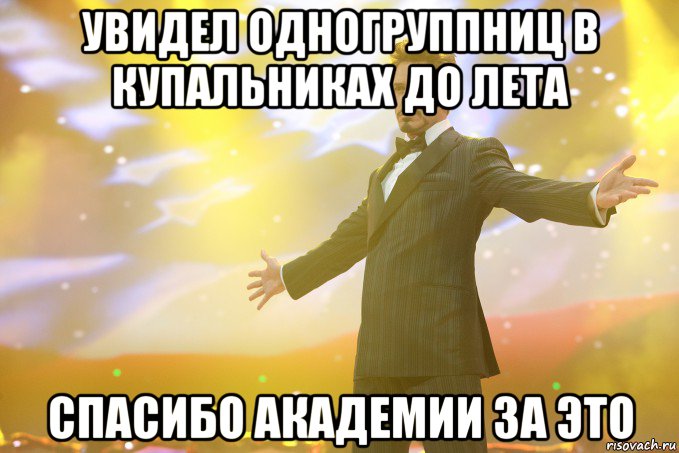 увидел одногруппниц в купальниках до лета спасибо академии за это, Мем Тони Старк (Роберт Дауни младший)