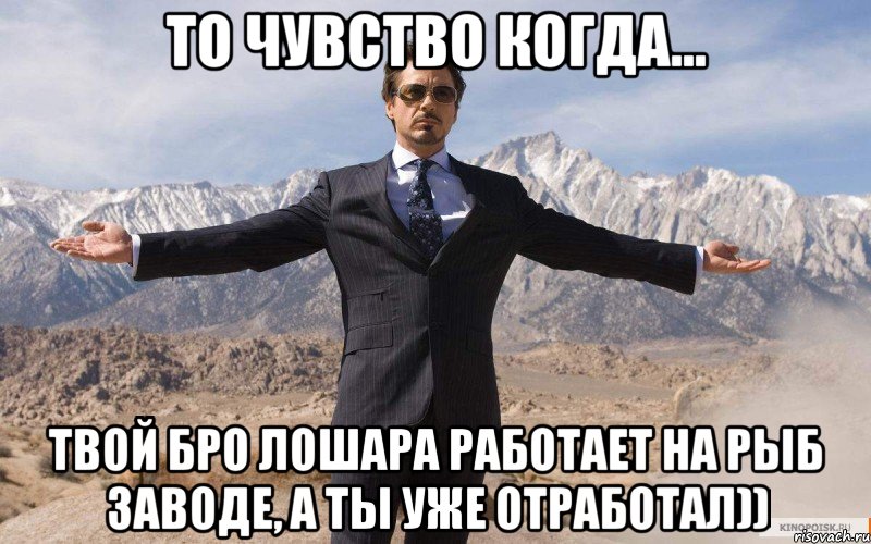 то чувство когда... твой бро лошара работает на рыб заводе, а ты уже отработал)), Мем железный человек