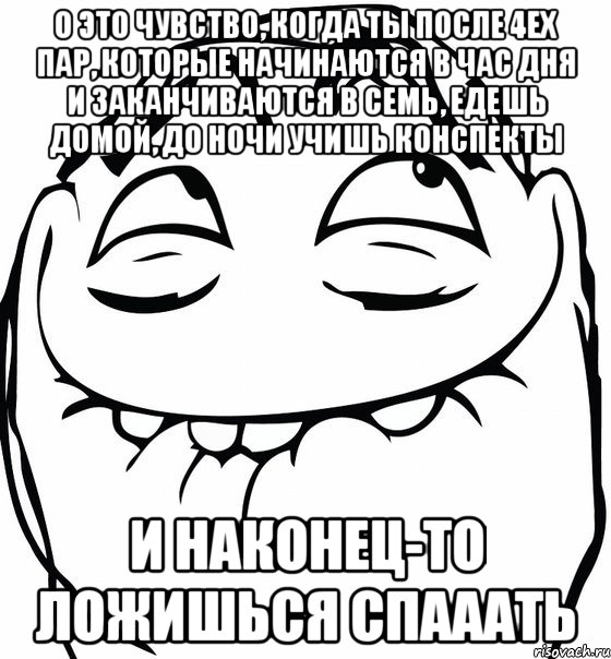 о это чувство, когда ты после 4ех пар, которые начинаются в час дня и заканчиваются в семь, едешь домой, до ночи учишь конспекты и наконец-то ложишься спааать, Мем  аааа