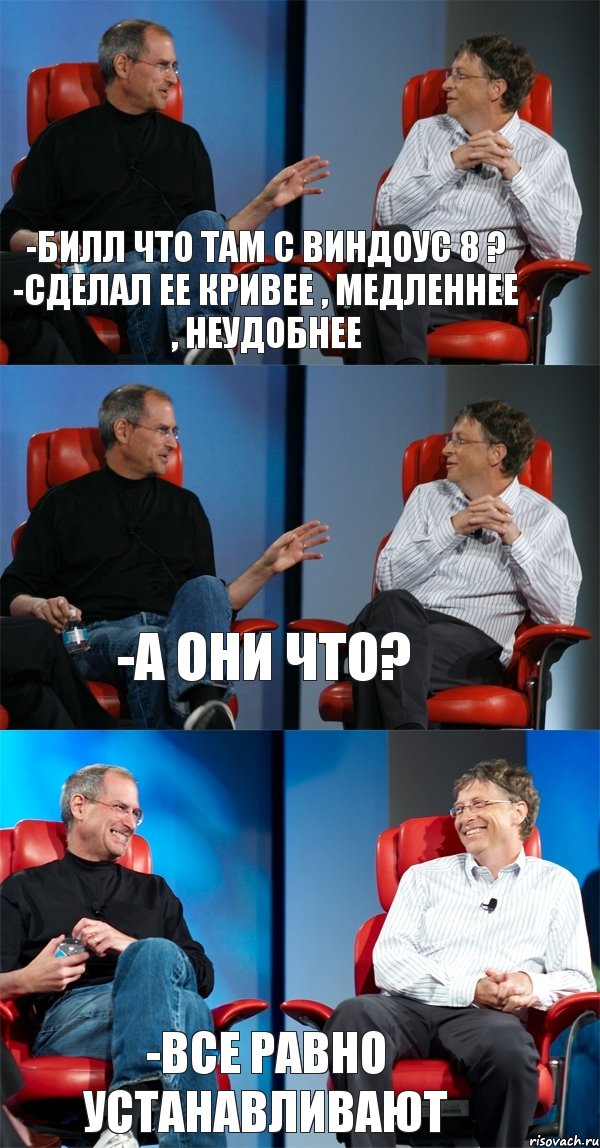 -Билл что там с виндоус 8 ? -сделал ее кривее , медленнее , неудобнее -а они что? -все равно устанавливают, Комикс Стив Джобс и Билл Гейтс (3 зоны)