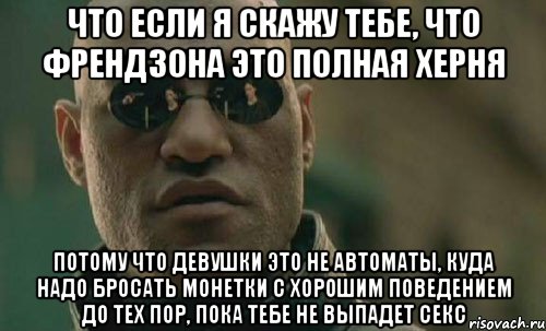 что если я скажу тебе, что френдзона это полная херня потому что девушки это не автоматы, куда надо бросать монетки с хорошим поведением до тех пор, пока тебе не выпадет секс