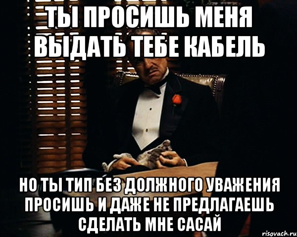 ты просишь меня выдать тебе кабель но ты тип без должного уважения просишь и даже не предлагаешь сделать мне сасай, Мем Дон Вито Корлеоне