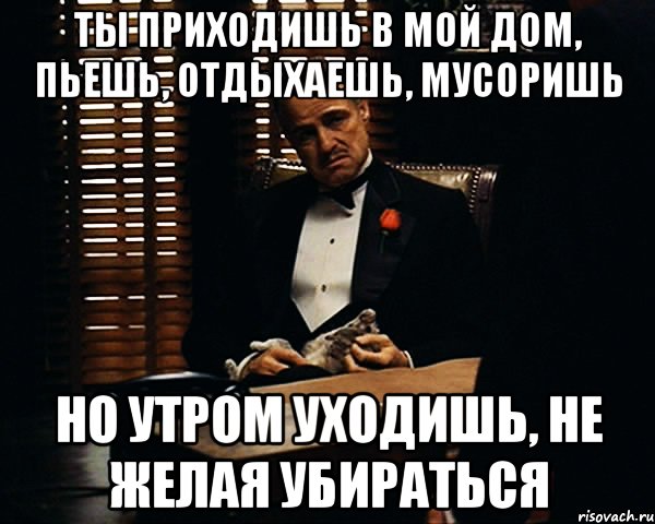 ты приходишь в мой дом, пьешь, отдыхаешь, мусоришь но утром уходишь, не желая убираться, Мем Дон Вито Корлеоне