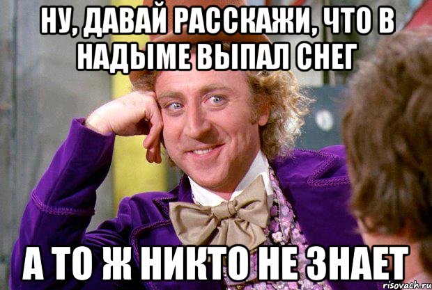 ну, давай расскажи, что в надыме выпал снег а то ж никто не знает, Мем Ну давай расскажи (Вилли Вонка)